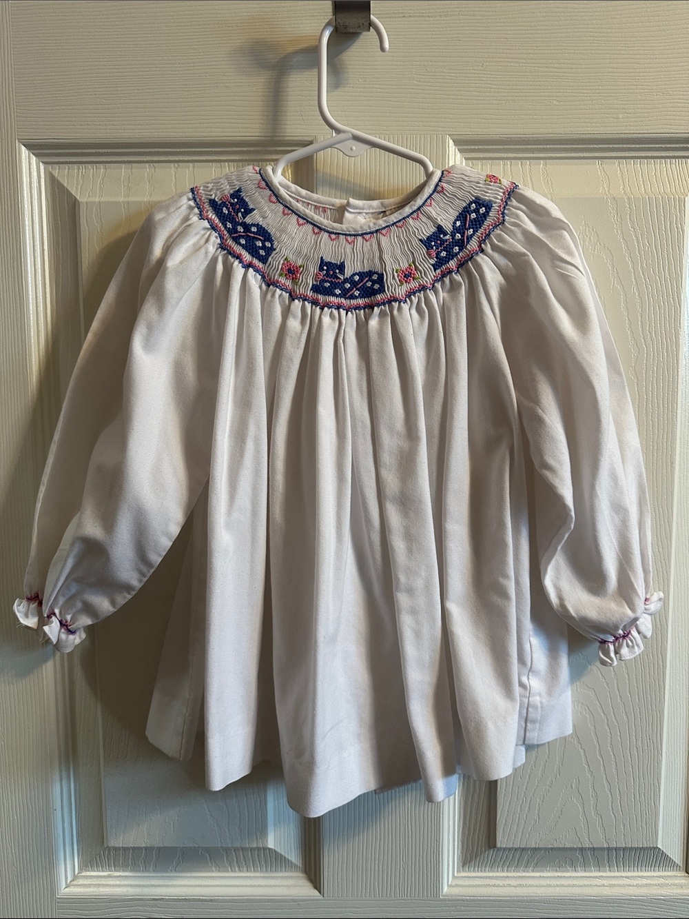 White Girls Smocked Long-Sleeve Top with Blue Cats & Pink Embroidery